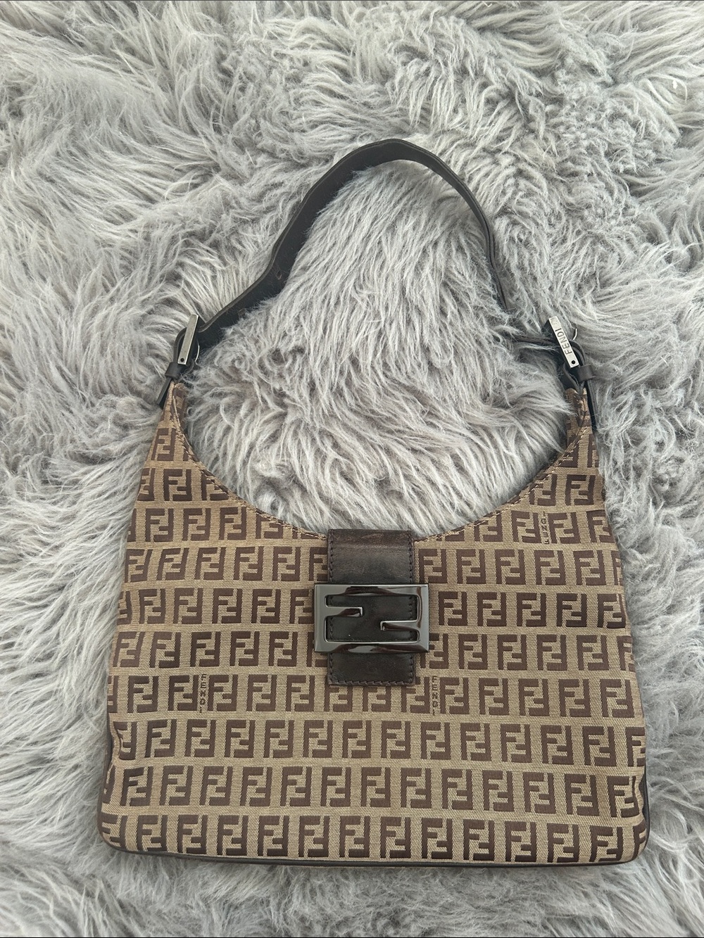 Fendi Brown FF Logo Canvas Shoulder Bag with Dark Brown Leather Strap
